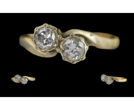 18ct Gold - Pleasing Two Stone Diamond Set Ring, Marked 18ct and Platinum to Interior of Shank. The Two Old European Cut Diam