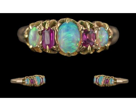 Antique Period Ladies Petite 9ct Gold Opal and Pink Sapphire Set Ring, Full Hallmark for Chester 1901 to Interior of Shank. T