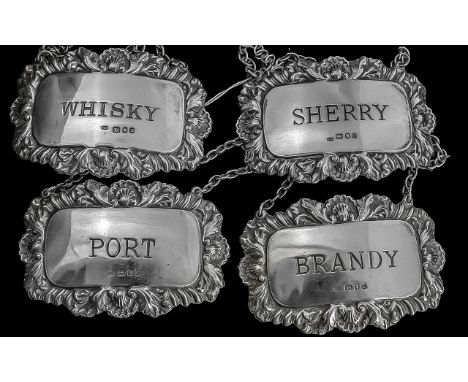 Queen Elizabeth II - A Fine Set Of Spirit Labels - Comprising Port, Sherry, Brandy &amp; Whisky. Hallmark London 1972., Maker