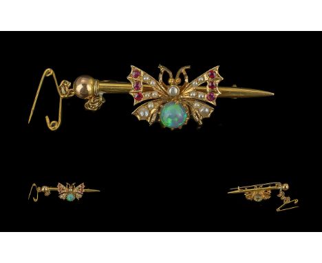 Antique Period - Ladies 15ct Gold Exquisite Figural Butterfly Brooch, Set with Opal, Rubies and Seed Pearls. c.1890's, With D