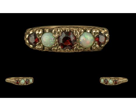 Antique Period Ladies 9ct Gold Garnet And Opal Set Ring - Raised setting. Full Hallmark To Interior Of Shank. The Opals Of Pl
