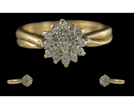 Ladies 18ct Gold Diamond Set Cluster Ring, Full Hallmark to Interior of Shank. The Well Matched Small Diamonds of Good Colour