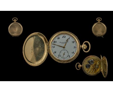 Art Deco 14ct Gold IWC Full Hunter Pocket Watch, white enamelled dial, Arabic numerals with subsidiary seconds.  Marked Inter