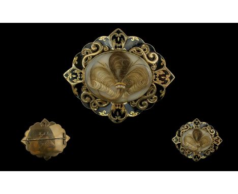 Early Victorian Period Pleasing Quality 9ct Gold and Black Enamel Braided Hair work Mourning Locket / Brooch of Large Proport