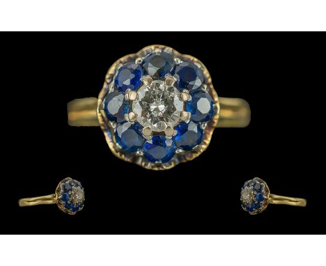 Ladies - Pleasing 18ct Gold Sapphire and Diamond Cluster Ring, Full Hallmark to Interior of Shank. The Central Diamond of Goo