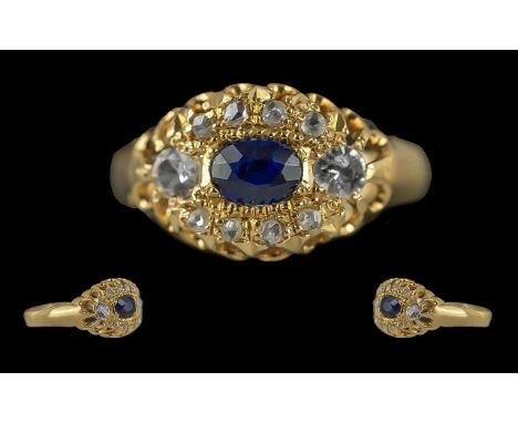 Antique Period Ladies Fine Quality 18ct Gold Sapphire and Diamond Set Dress Ring, full hallmark for Birmingham, the centre bl