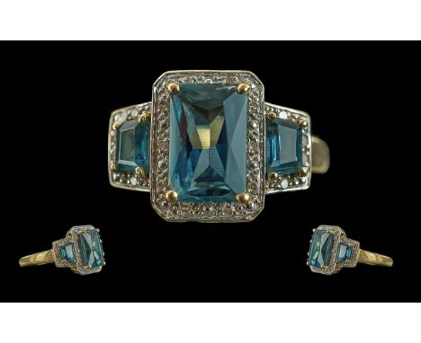 Ladies 9ct Gold Blue Topaz and Diamond Set Dress Ring, Full Hallmark to Interior of Shank, The Topaz of Good Colour / Clarity
