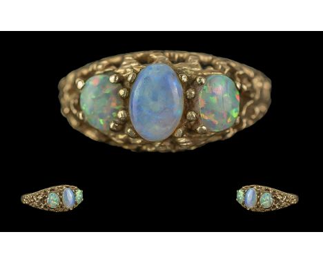 Ladies Attractive Ornate 9ct Gold Three Stone Opal Set Ring, full hallmark to interior of shank, the opals of pleasing colour