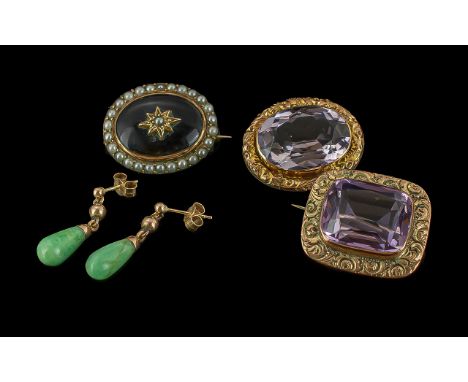 A Small Collection of Antique and Vintage 9ct Gold Gem Set Small Brooch and a 9ct Gold Jade Tear Drop Pair of Earrings, Marke