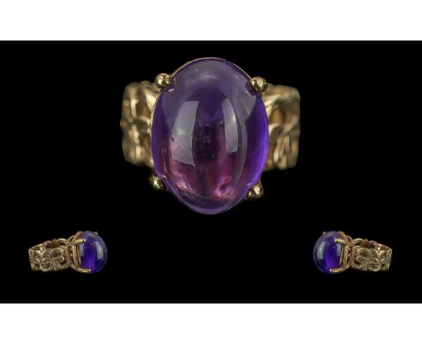 Pleasing Ornate 9ct Gold Single Stone Cabochon Cut Amethyst Set Ring, full hallmark to interior of shank, the cabochon cut am