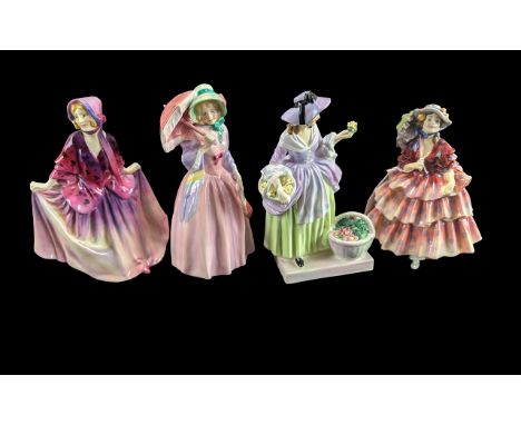 Collection of Four Vintage Royal Doulton Figurines, comprising Miss Demure HN 1402, Springflowers, HN1807, The Hinged Parasol