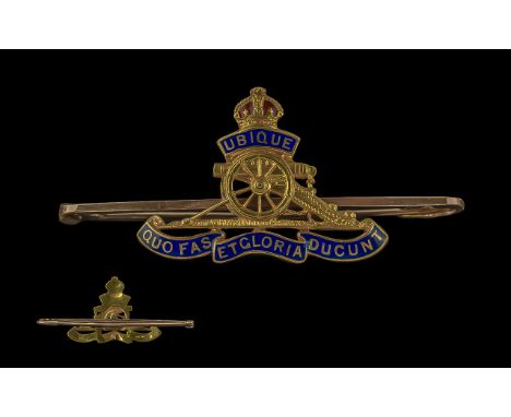 Antique Period 15ct Gold and Blue Enamel Royal Artillery Brooch, Marked 15ct. With Original Display Box, W. Bally Diamond Mer
