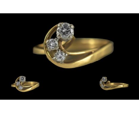 Ladies Attractive / Contemporary 18ct Gold 3 Stone Diamond Set Dress Ring, Not Marked but Tests High Ct Gold. The 3 Round Bri