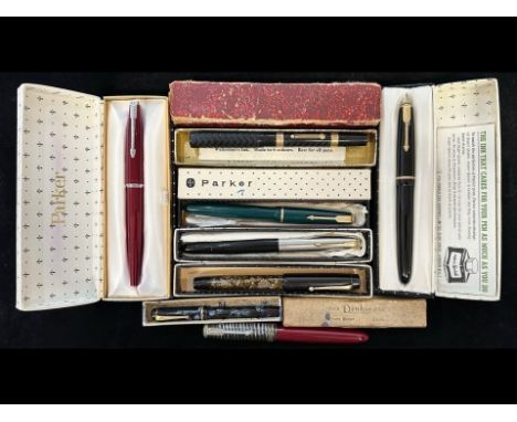 Good Collection of Eight Vintage Fountain Pens, including six boxed - Dinkie, Parker, Waterman,  etc. some with 14ct gold nib