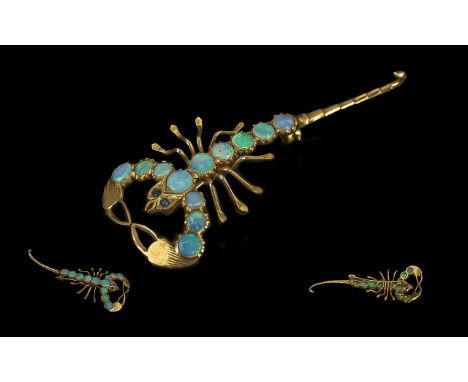 Antique Period - Unusual 9ct Gold Opal Set Scorpion Figural Brooch, Not Marked but Tests 9ct Gold. The Well Matched Opal s of