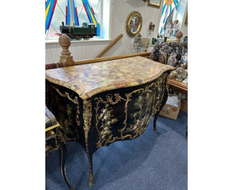 Mid Century Contentental Commode,Black Lacquered, Painted Floral Design, Shaped Form, With 2 Drawers and Cabrolie Legs. Ormol