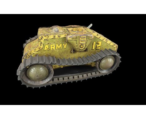 1930's Tin Plate Toy Tank, wind up key in working order, marked '12 Army'.  Measures 11" x 5" approx.