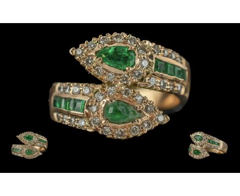 Ladies - Pleasing Handmade Indian 18ct Gold Double Snake Head Emerald and Diamond Set Ring. Not Marked but Tests 18ct. The To