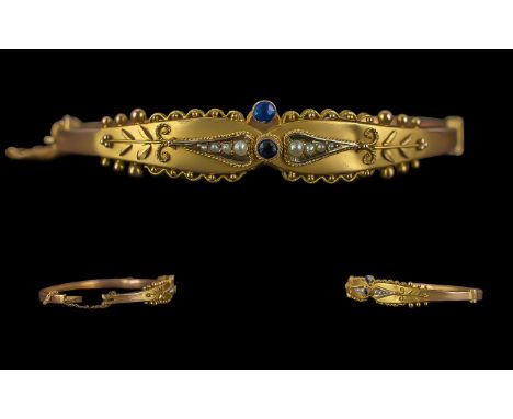 Victorian Period - Ornate Ladies 9ct Gold Sapphire and Seed Pearl Set Hinged Bangle with Safety Chain, Full Hallmark to Inter