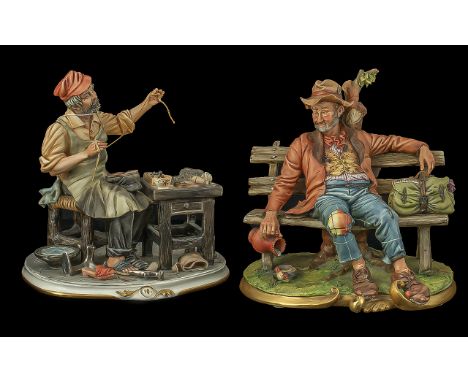 Two Capodimonte Porcelain Figures to include  The Shoemaker by Cortese and a tramp on a bench. One With certificate of authen