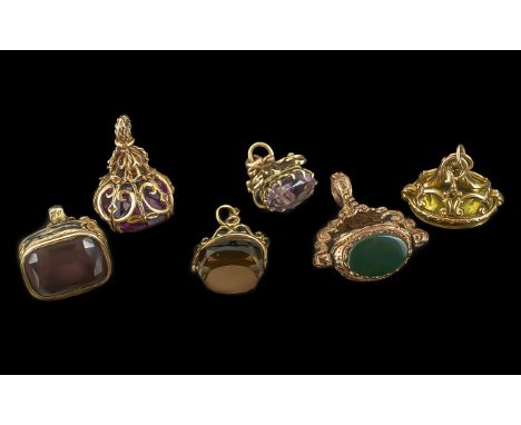 A Small Collection of 9ct Gold Hardstone Gems Set Fobs, Some Antique and Vintage ( 6 ) In Total. Not Marked but Tests for 9ct
