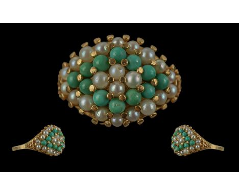Ladies - Pleasing 18ct Gold Turquoise and Seed Pearl Cluster Set Ring, Gold Marks to Exterior of Shank. Turquoise Stones and 