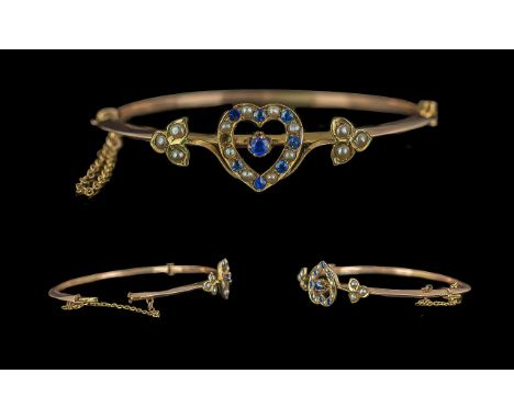 Antique Period Ladies 9ct Gold Hinged Bangle with Central Heart Set with Sapphires and Seed Pearls of Good Colour, Full Hallm
