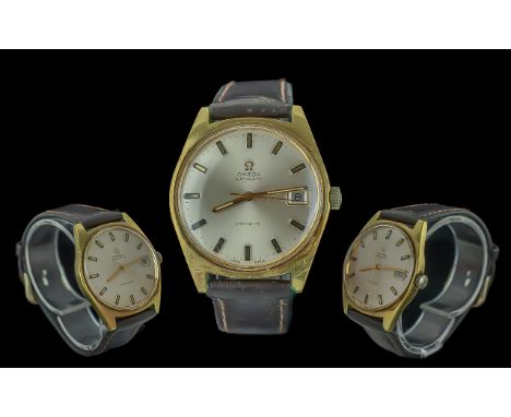 Omega Geneve Gents Gold on Steel Automatic Wrist Watch. c.1970's. Features Cream Dial, Gold Markers, Just / Date Display Wind