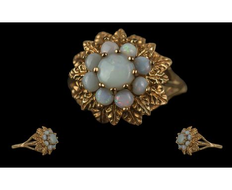 Ladies 9ct Gold Opal Set Cluster Ring - Ornate Setting Full Hallmark To Interior Of Shank. Well Matched Opals. Ring Size (P-Q