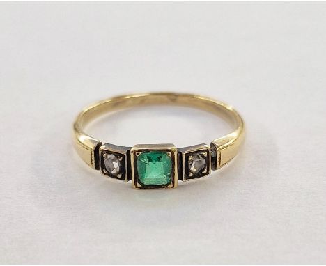 Gold-coloured metal, emerald and diamond ring set square emerald flanked by two old-cut diamonds, ring size M