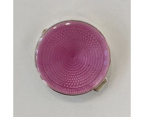 1920's circular silver and pink enamel compact&nbsp;with mirror to inside of lid, Birmingham 1928, maker Henry Clifford Davis