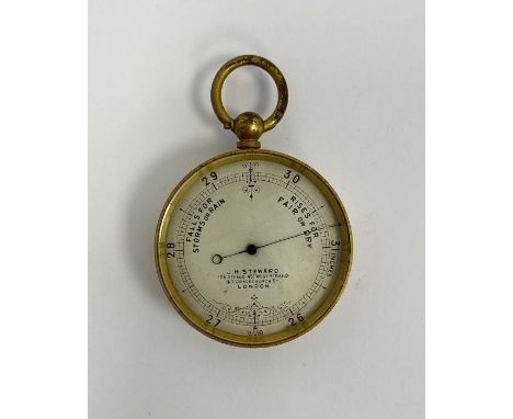 Late 19th century gilt-metal pocket barometer produced by J. H. Steward of London, 4.7cm diameter  