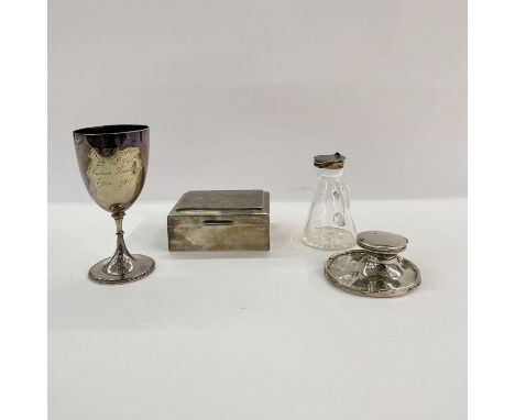 1950's rectangular silver-mounted cigar box, engine turned, 11cm wide, a silver lidded glass jug, a silver-mounted inkwell&nb