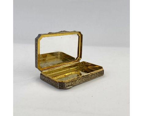 Italian silver rectangular compact with filigree decoration to the top, marcasite and orange stone set, gilded to inside, eng