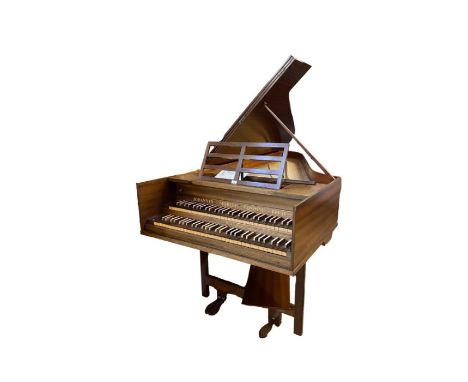 John Morley double manual harpsichord (Handel) in mahogany finish with square cheeks, on trestle stand, marked 'Johnannes Mor