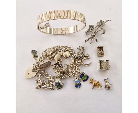 Silver charm bracelet with padlock clasp, assorted silver and silver-coloured metal charms, a marcasite brooch, a 9ct gold do