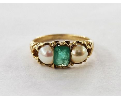 Gold, emerald and pearl ring&nbsp;set centre baguette-cut emerald flanked by pair half pearls&nbsp;