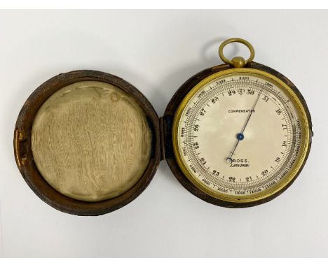 Late 19th century brass cased Ross of London compensated pocket barometer, the silvered dial marked Ross/London with blued st