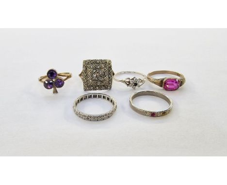 9ct gold and silver square ring set with white paste stones, a gold-coloured metal ring set with pink stone, a gold-coloured 