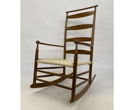 Shaker-style stained wood curved ladderback rocking open armchair with woven plaited seat, turned supports, curved flattened 