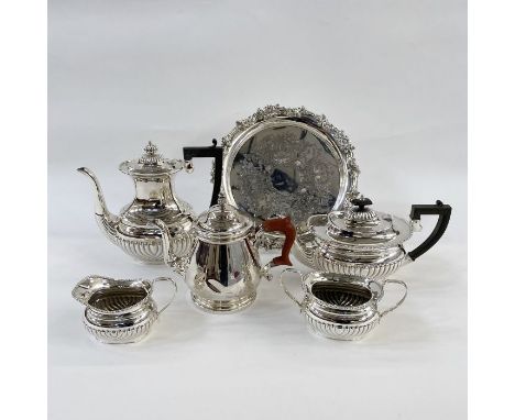 Part tea and coffee service to include teapot, hot water jug, sugar bowl and cream jug, with beaded border and gadrooned deco