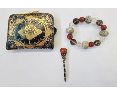 Celtic white metal and cornelian brooch, agate and hardstone polished bracelet&nbsp;and a purse (3)