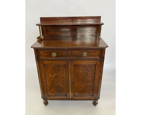 Mahogany secretaire /chiffonier, having raised shelf with panel back on brass supports, secretaire drawer with sliding adjust