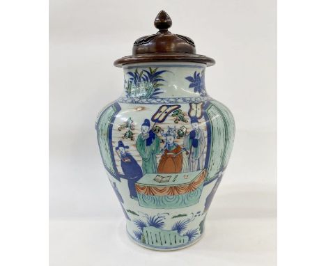 Antique Chinese famille verte porcelain inverse baluster vase painted with a ceremony, in blue, green and iron red and the ca