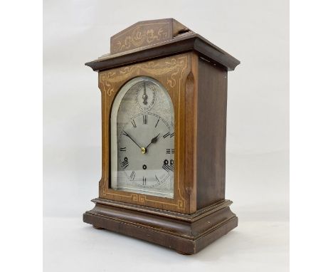 German inlaid mahogany Westminster chiming mantel clock having stepped pediment, engraved steel arched dial with strike silen