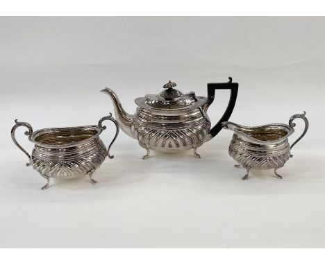 EPNS part tea service comprising teapot, sugar bowl and cream jug, on cabriole pad feet, gadrooned decoration (3)&nbsp;