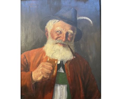 Fritz Muller (1913-1972)Oil on board"Old Man's Head", head and shoulders portrait of bearded German gentleman wearing feather
