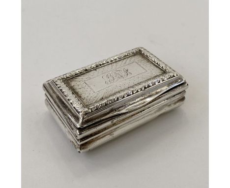 Georgian silver snuff box, rectangular with engraved decoration, initialled, Birmingham 1818, 6.5cm x4.5cm, maker John Thornt