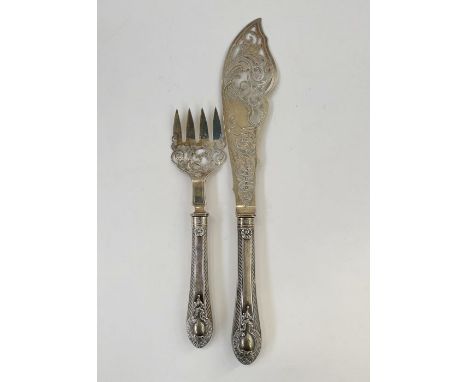 Victorian silver fish slice and fork&nbsp;with scroll and foliate pattern, Sheffield 1881, maker's mark H.W. &amp; Co., 6ozt 