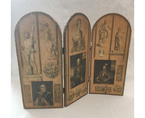 A 19th century three panel folding table screen, the six arched sides pasted with historical printed portraits, 39cm high, 17